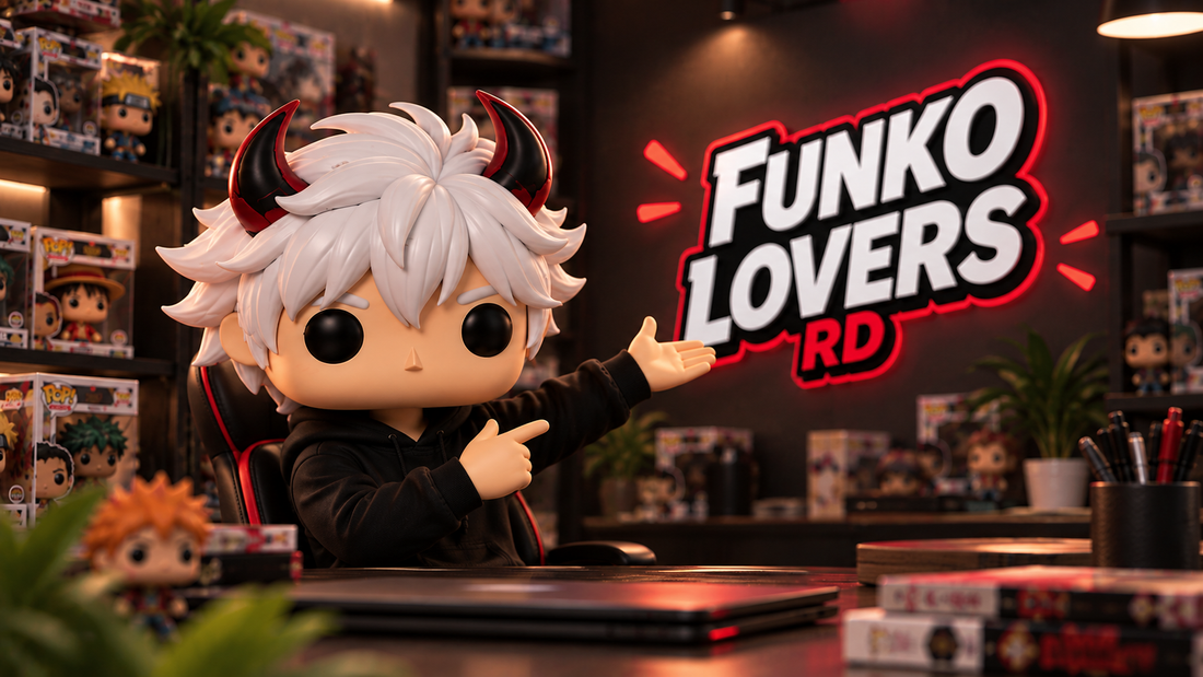 Coleccionista Funko con cuernos señalando el letrero de neón de Funko Lovers RD en una tienda llena de figuras Funko Pop