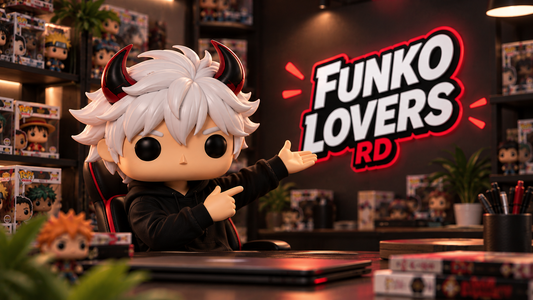 Coleccionista Funko con cuernos señalando el letrero de neón de Funko Lovers RD en una tienda llena de figuras Funko Pop